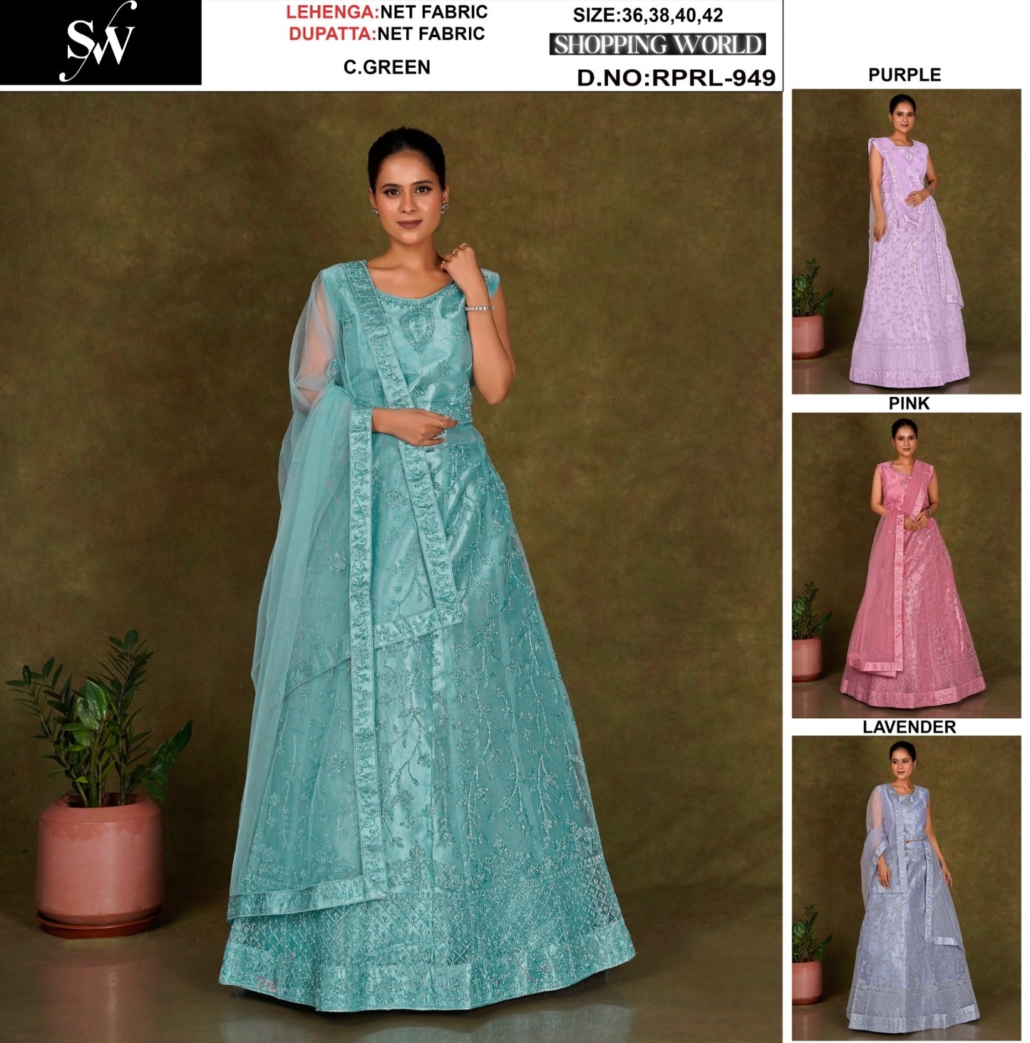 Astonishing Sea green Purple Pink Lavender Net Lehenga