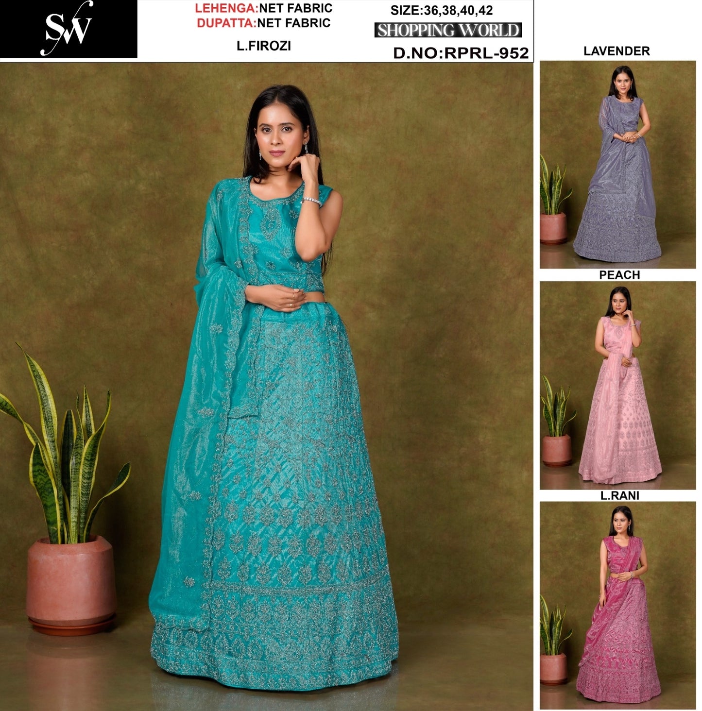 Fantastic Light Firozi Lavender Peach Light Rani Net Lehenga