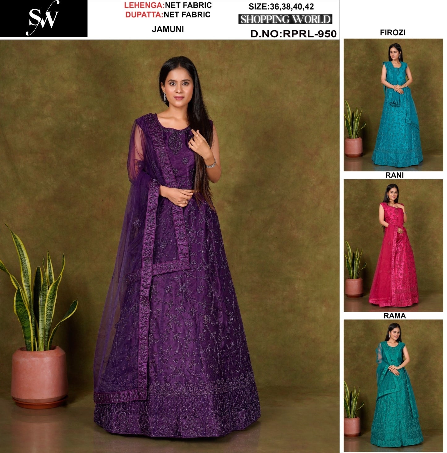 Engaging Jamuni Purple Firozi Blue Rama green Rani pink Net Lehenga