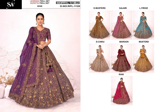 Stunning Wine Dark Mustard Gajri pink Light Firozi Dark Chiku Maroon Mustard Rani pink Twill Net Lehenga