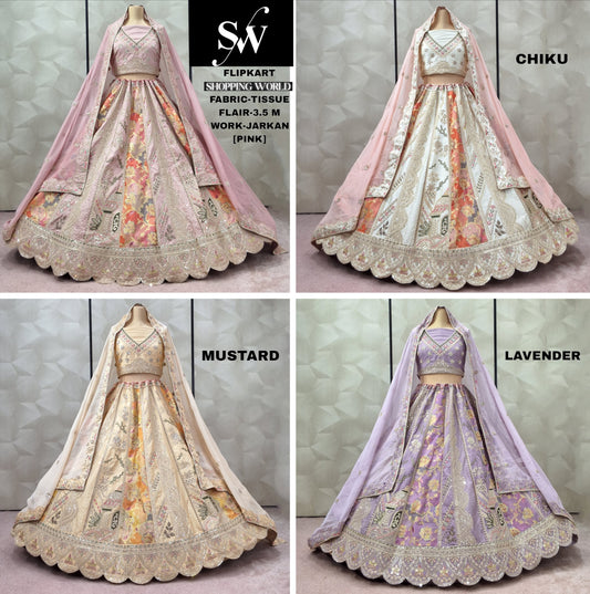 Majestic Pink Chiku Golden Mustard Lavender Tissue Lehenga