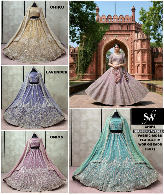 Pleasing Onion pink Lavender Chiku golden Sky Blue Moss Lehenga