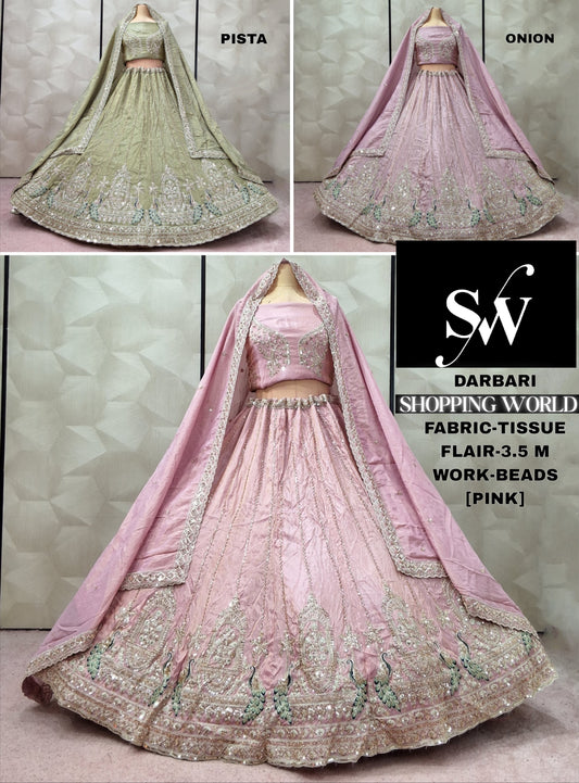 Lavishing Pista green onion pink Baby Pink Tissue Lehenga