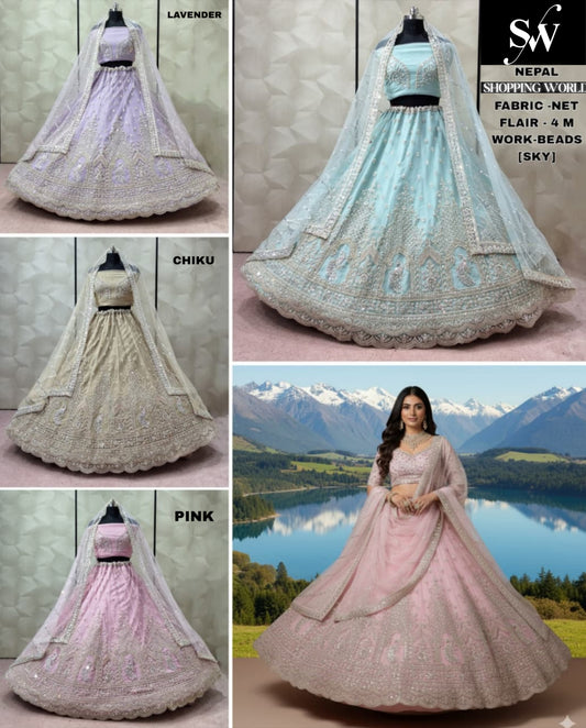 Khoobsurat Sky Blue Lavender Chiku Golden Pink Net Lehenga