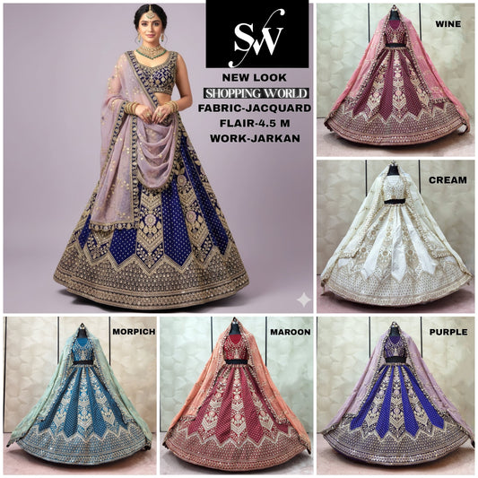 Beautiful Purple Morpich Blue Maroon Cream White Wine Jacquard Lehenga