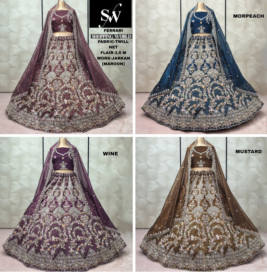 Tremendous Maroon Wine Morpeach blue Mustard Twill Net Lehenga