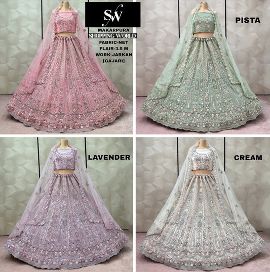 Glamorous Gajri pink Pista green Lavender Cream White Net Lehenga