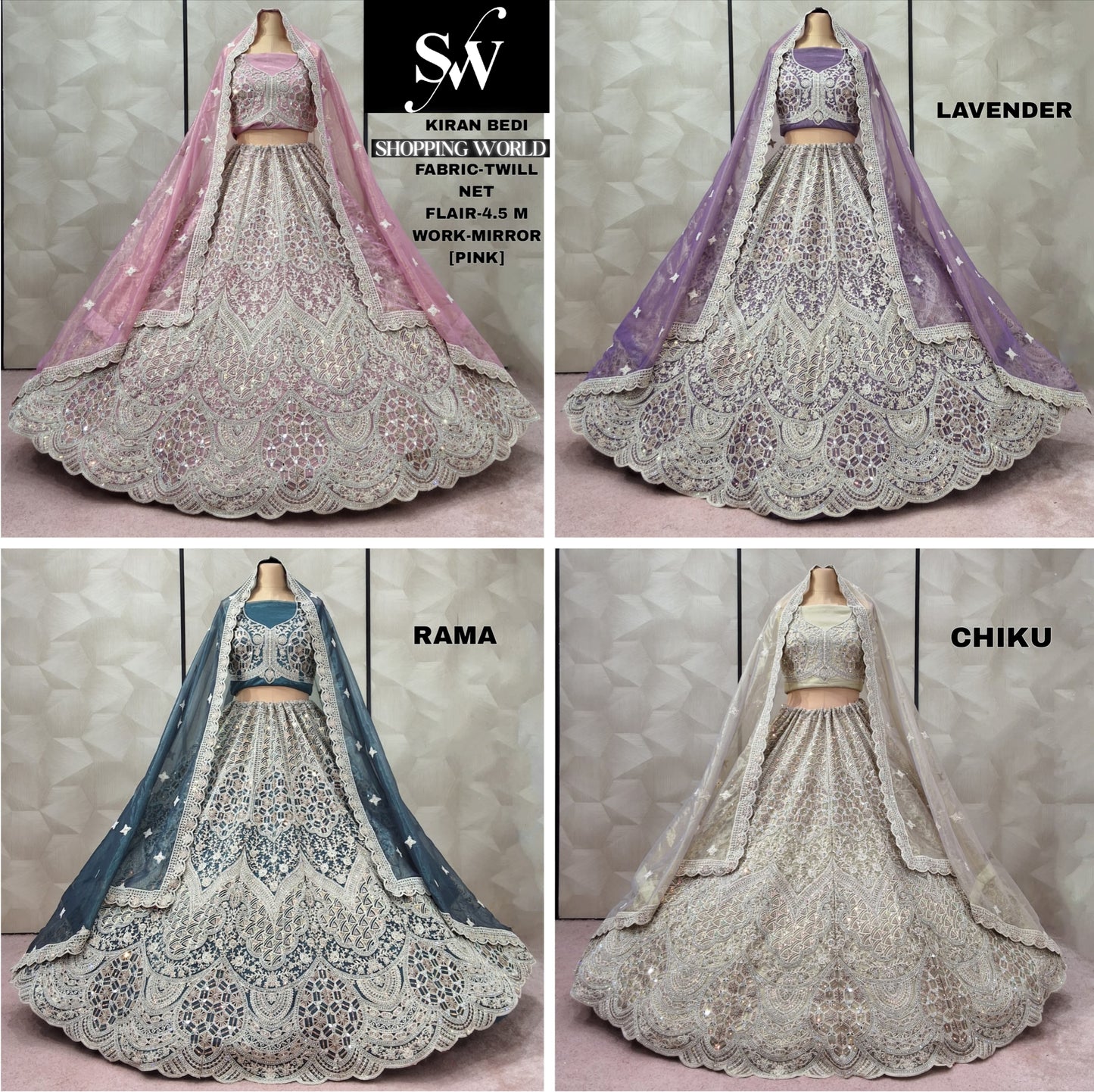 Astonishing pink Lavender Rama green Chiku Golden Twill Net Lehenga
