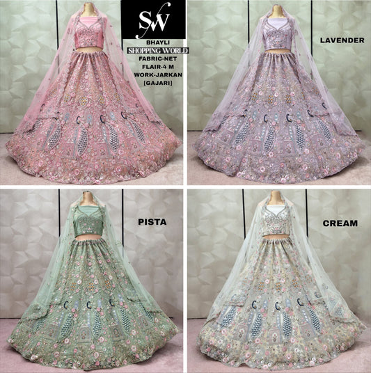 Attractive Gajri pink Lavender Pista green Cream White Peacock Net Lehenga