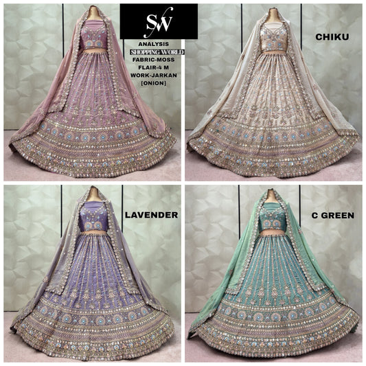 Fabulous Onion pink Chiku Golden Lavender Sea green Moss Lehenga