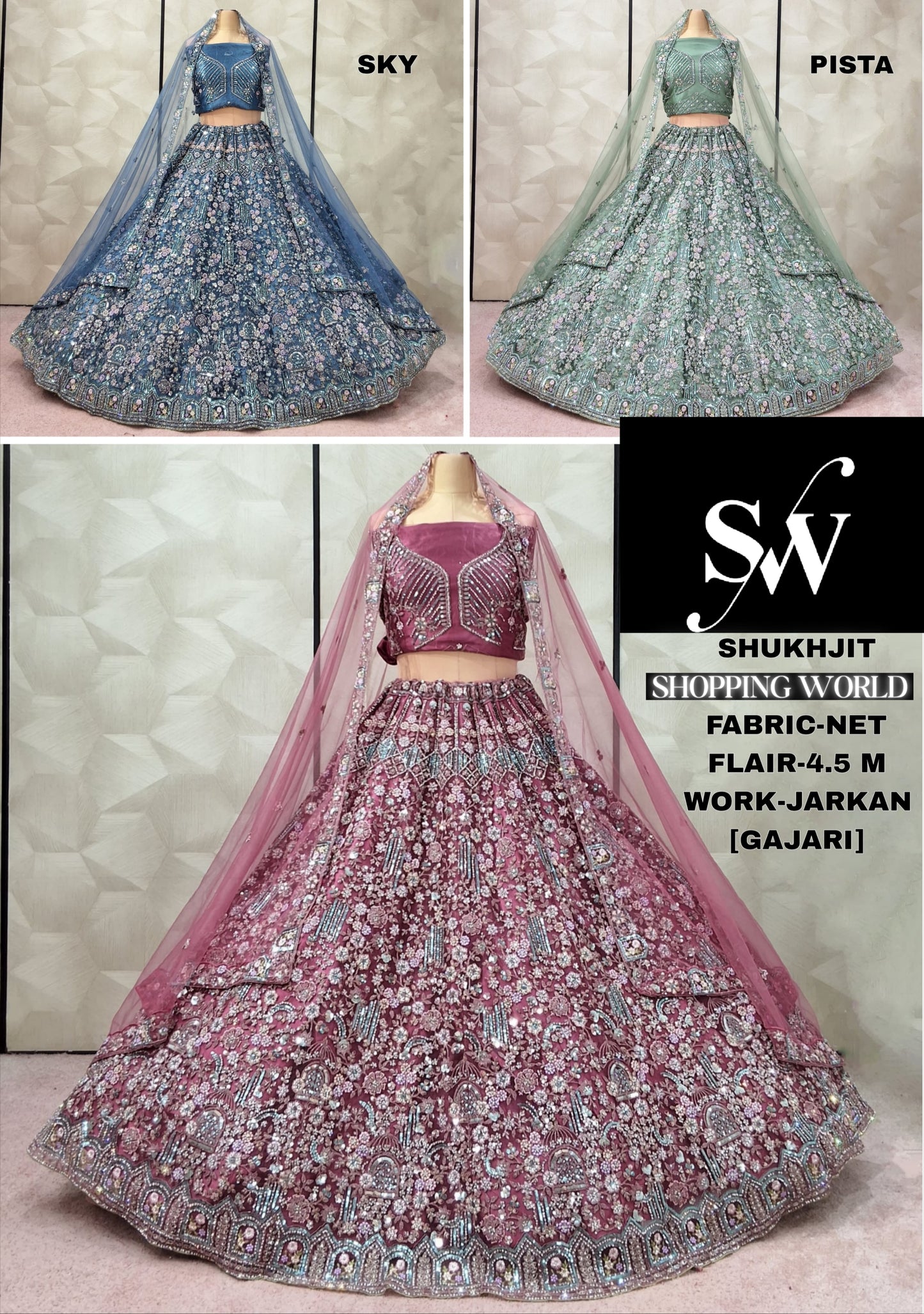 Fantastic Gajri Pink Sky Blue Pista green Net Lehenga