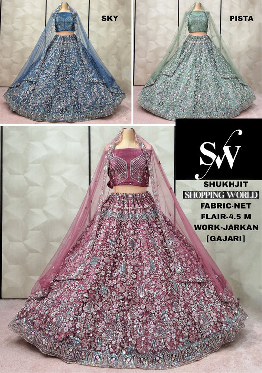 Fantastic Gajri Pink Sky Blue Pista green Net Lehenga