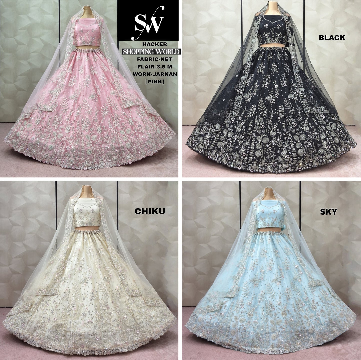 Amazing Pink Black Chiku Golden Sky blue Net Lehenga