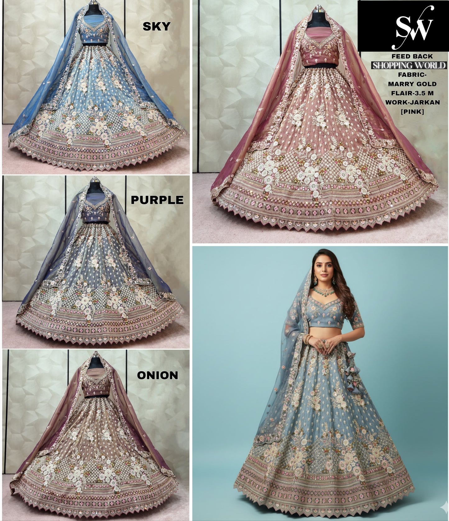 Elegant Pink Sky blue Purple Onion Marry gold Lehenga