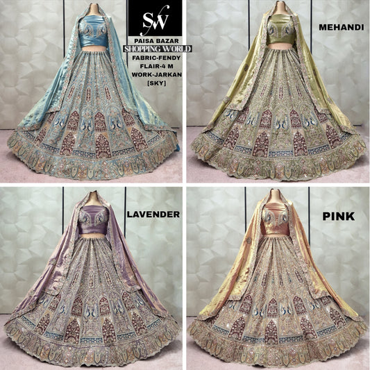 Delightful Sky blue Mehendi Green Lavender Pink Golden peacock Lehenga