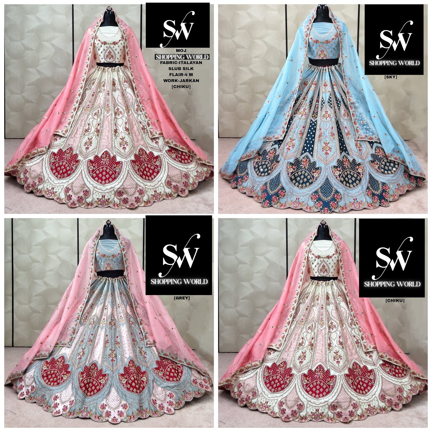 Eye Catching chiku golden Sky blue grey pink White Lehenga