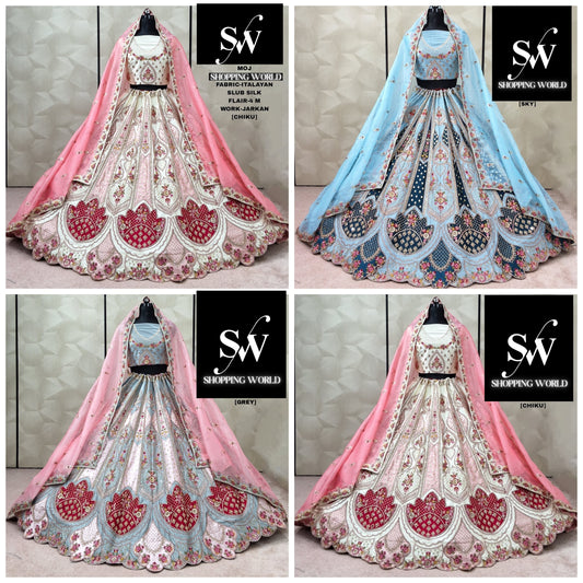 Eye Catching chiku golden Sky blue grey pink White Lehenga