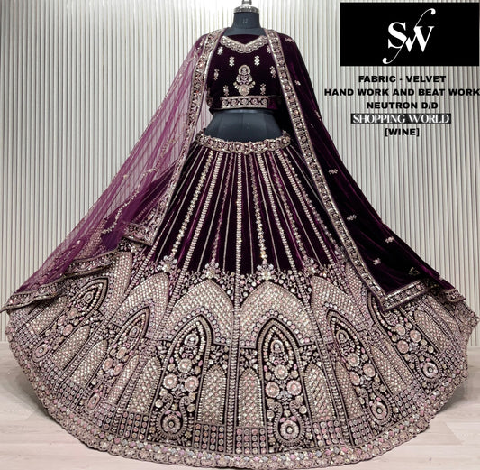 Fabulous Dark Maroon Velvet Bridal Lehenga