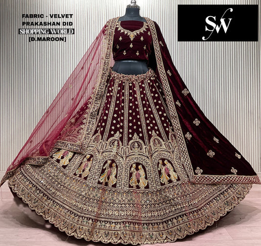 Designer Doli Barat Dark Maroon Velvet Bridal Lehenga