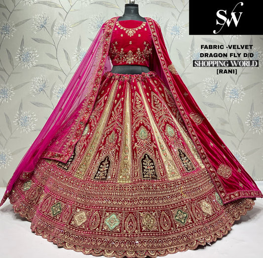 Astonishing Rani pink Velvet Bridal Lehenga