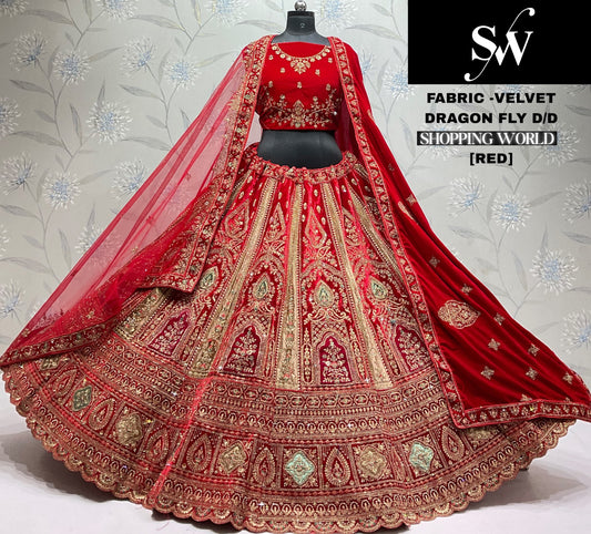 Attractive Red Velvet Bridal Lehenga