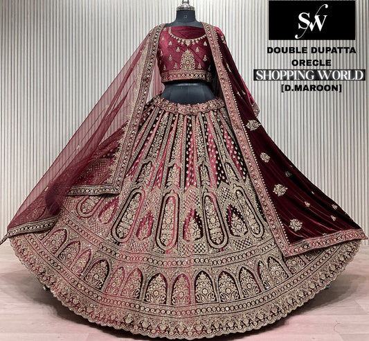 Khoobsurat Dark Maroon Double Dupatta Bridal Lehenga