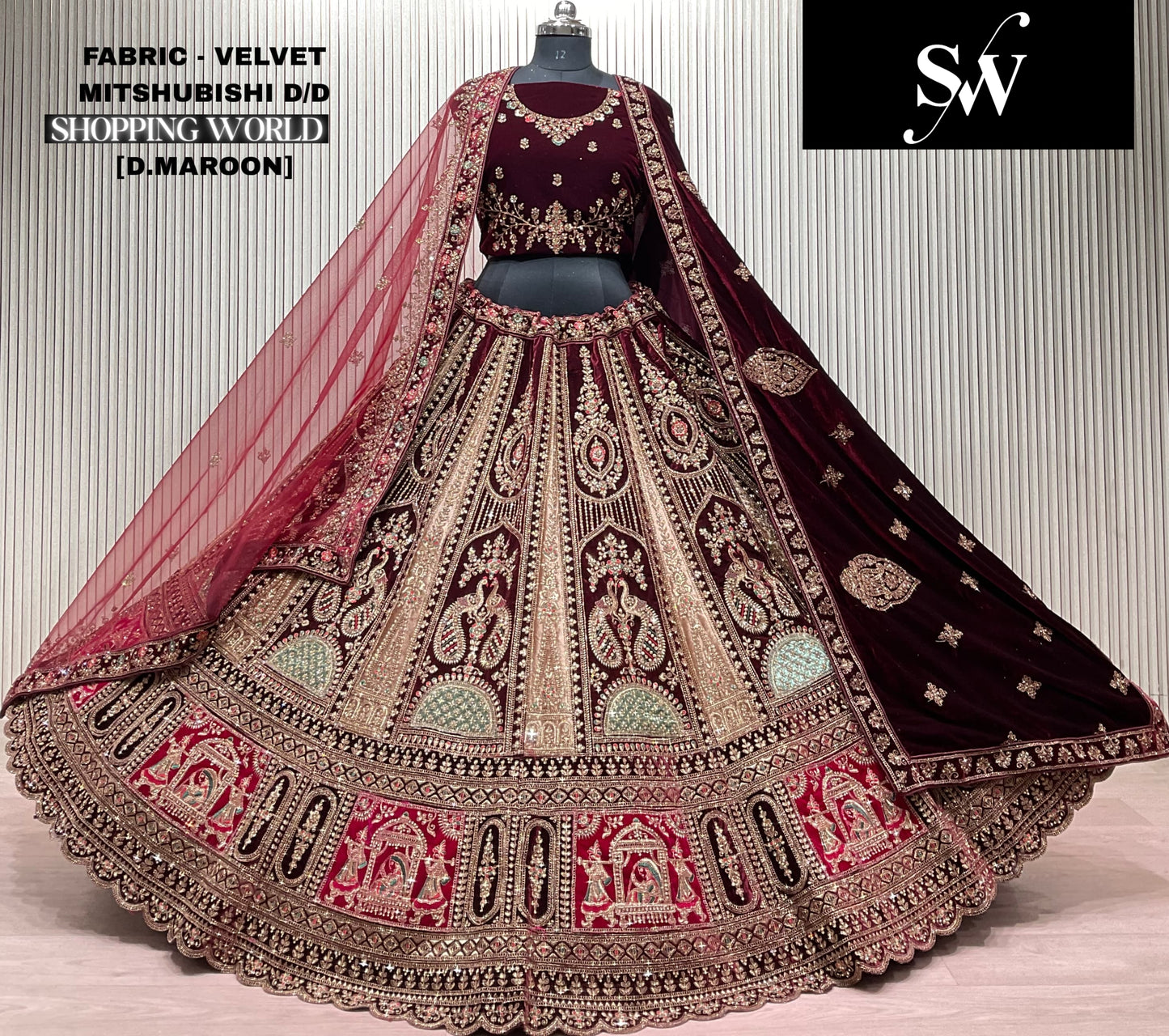 Lavishing Dark Maroon Double Dupatta Peacock Bridal lehenga