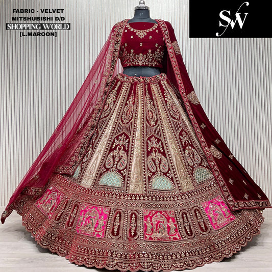 Pleasing Light Maroon Double Dupatta Peacock Bridal lehenga