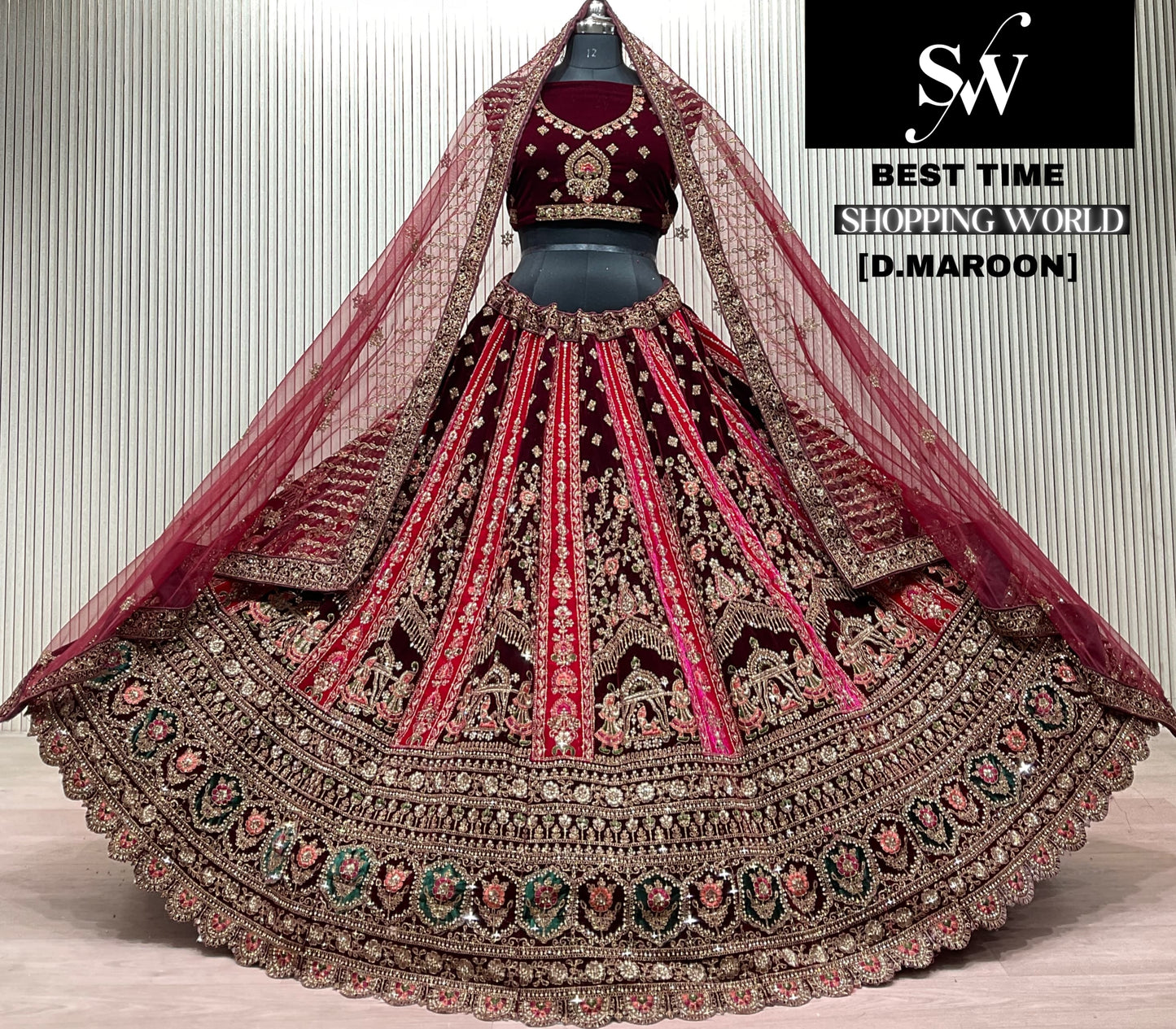 Delightful Dark Maroon Doli Barat Double Dupatta Bridal Lehenga