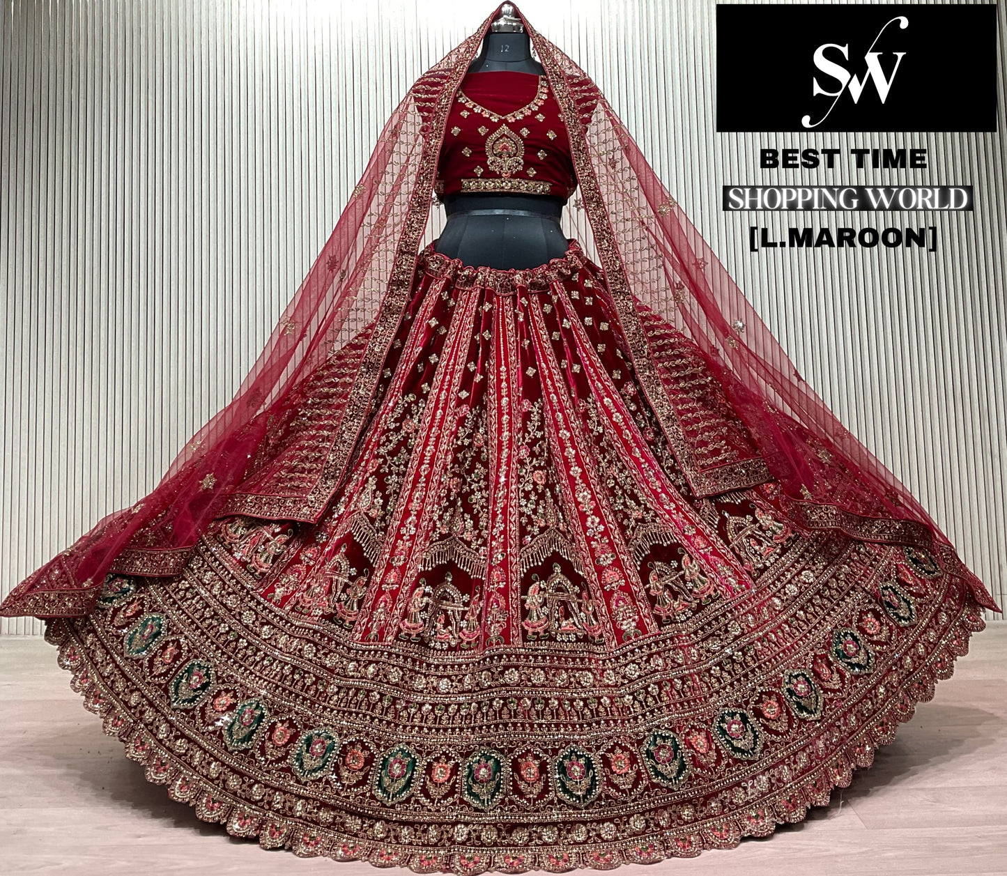 Delightful Dark Maroon Doli Barat Double Dupatta Bridal Lehenga