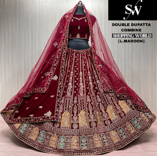 Eye Catching Peacock Light Maroon Double Dupatta Bridal Lehenga