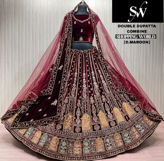 Eye Catching Peacock Light Maroon Double Dupatta Bridal Lehenga