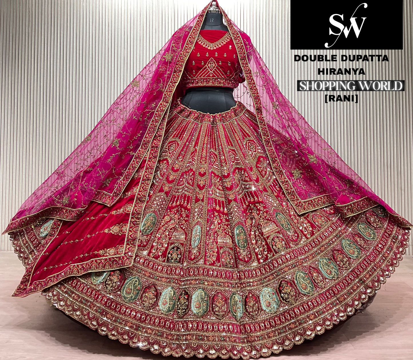 Attractive Rani pink Double Dupatta Peacock Bridal lehenga
