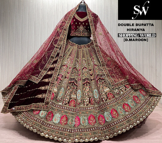 Fabulous Dark Maroon Double Dupatta Bridal lehenga