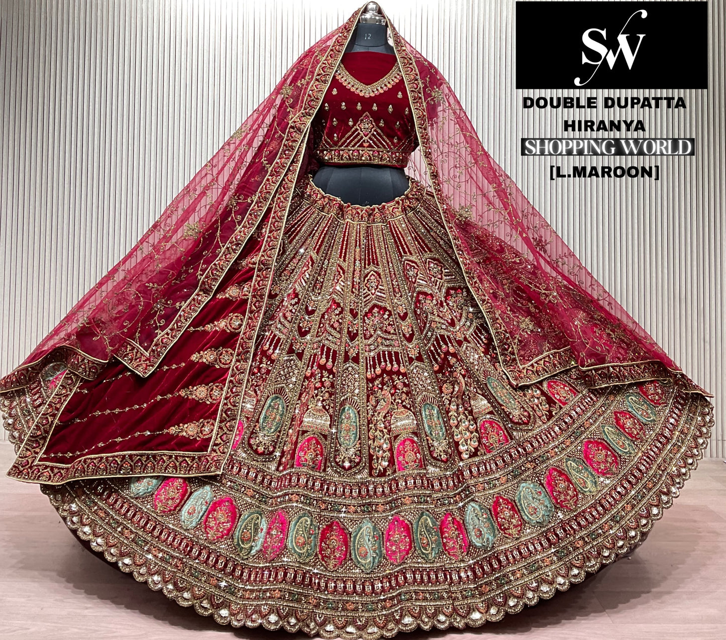 Attractive Rani pink Double Dupatta Peacock Bridal lehenga