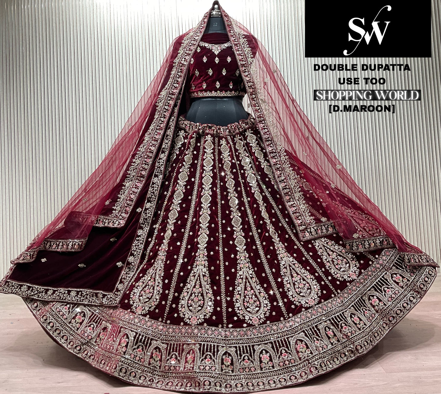 Awesome Dark Maroon Double Dupatta Bridal lehenga