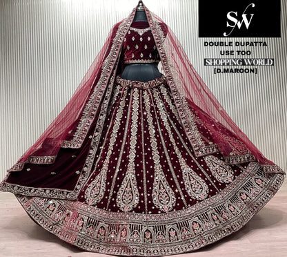 Awesome Dark Maroon Double Dupatta Bridal lehenga