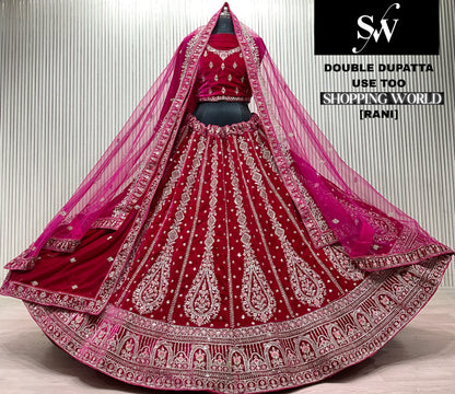 Awesome Dark Maroon Double Dupatta Bridal lehenga