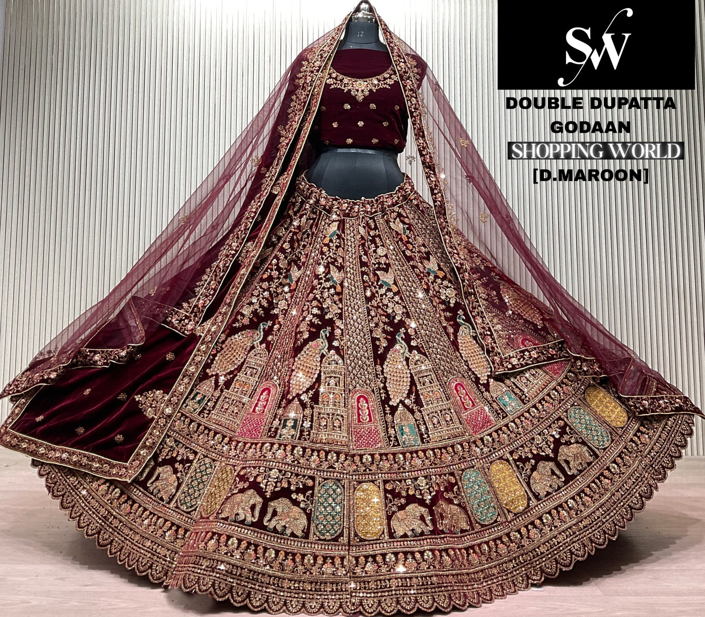 Glamorous Light Maroon Double Dupatta Peacock Bridal lehenga