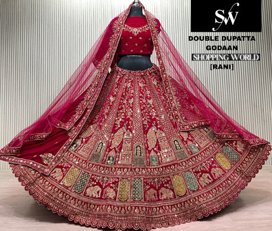 Astonishing Rani pink Double Dupatta Peacock Bridal lehenga