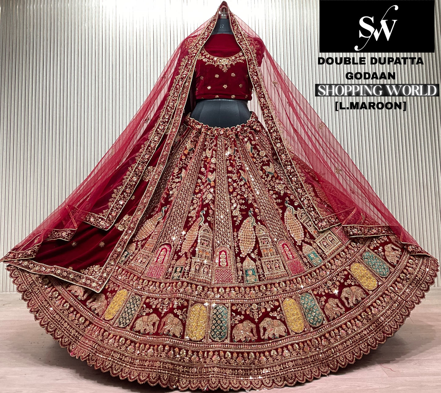 Glamorous Light Maroon Double Dupatta Peacock Bridal lehenga