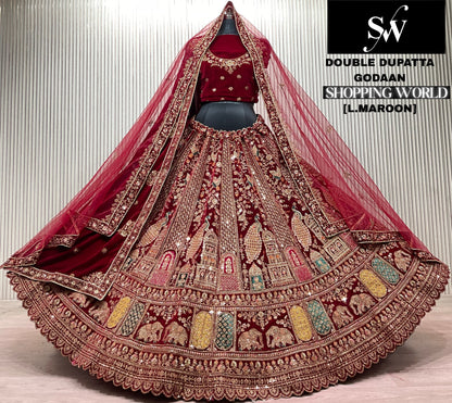 Glamorous Light Maroon Double Dupatta Peacock Bridal lehenga