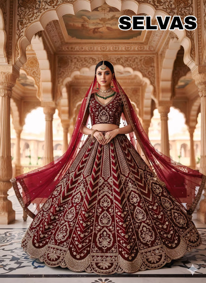 Eye Catching Maroon Sky Blue Chiku Golden Coffee Morpeach Blue Pink Net lehenga