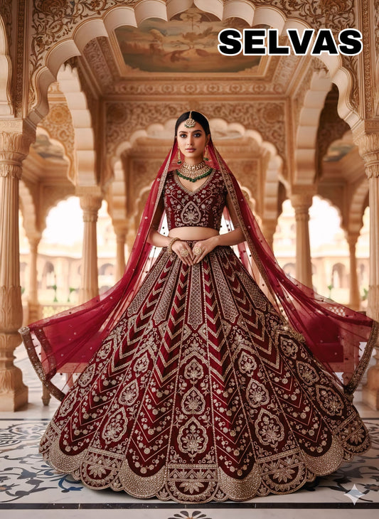 Eye Catching Maroon Sky Blue Chiku Golden Coffee Morpeach Blue Pink Net lehenga