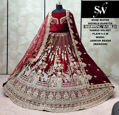 Gorgeous Rani pink peacock Double Dupatta Velvet bridal lehenga