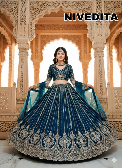 Charming Maroon Sky Blue Chiku Golden Coffee Morpeach Blue Pink Net lehenga