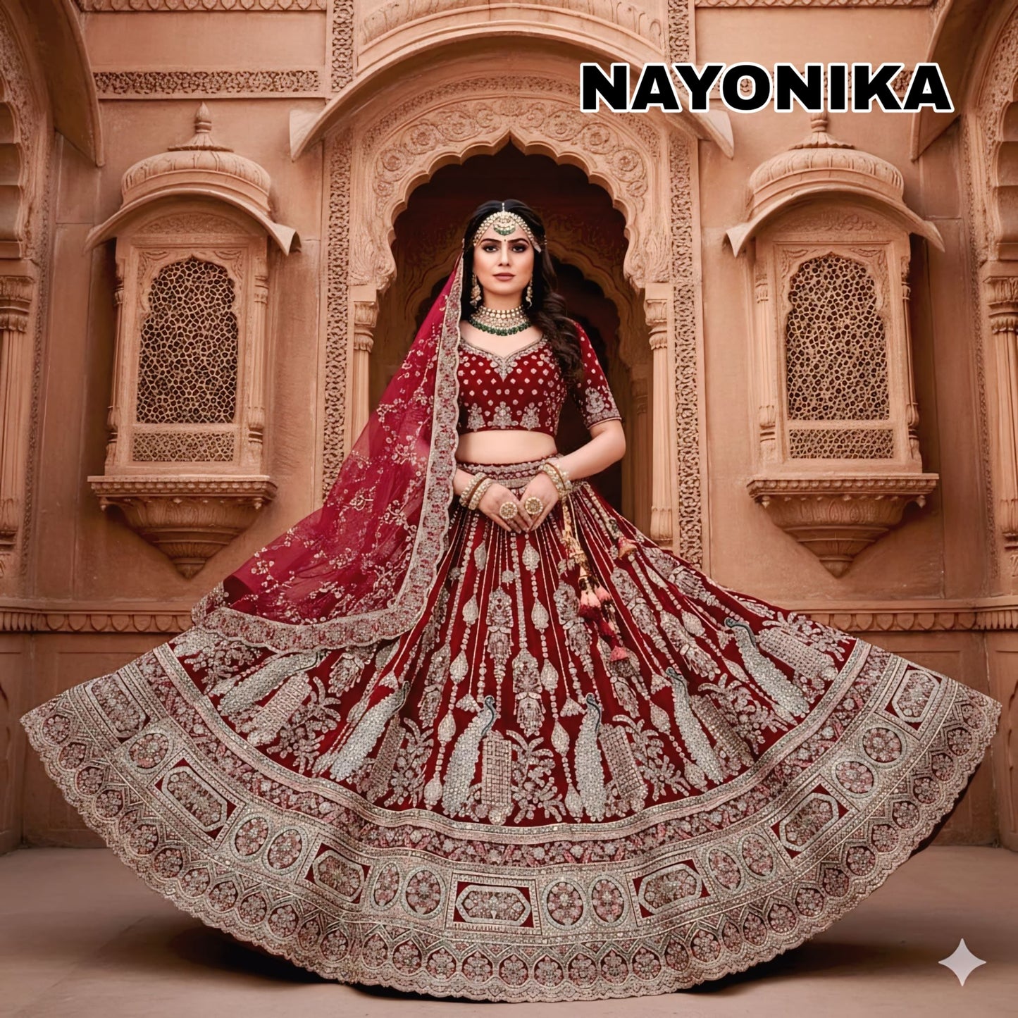 Stunning Rani pink peacock Double Dupatta Velvet bridal lehenga
