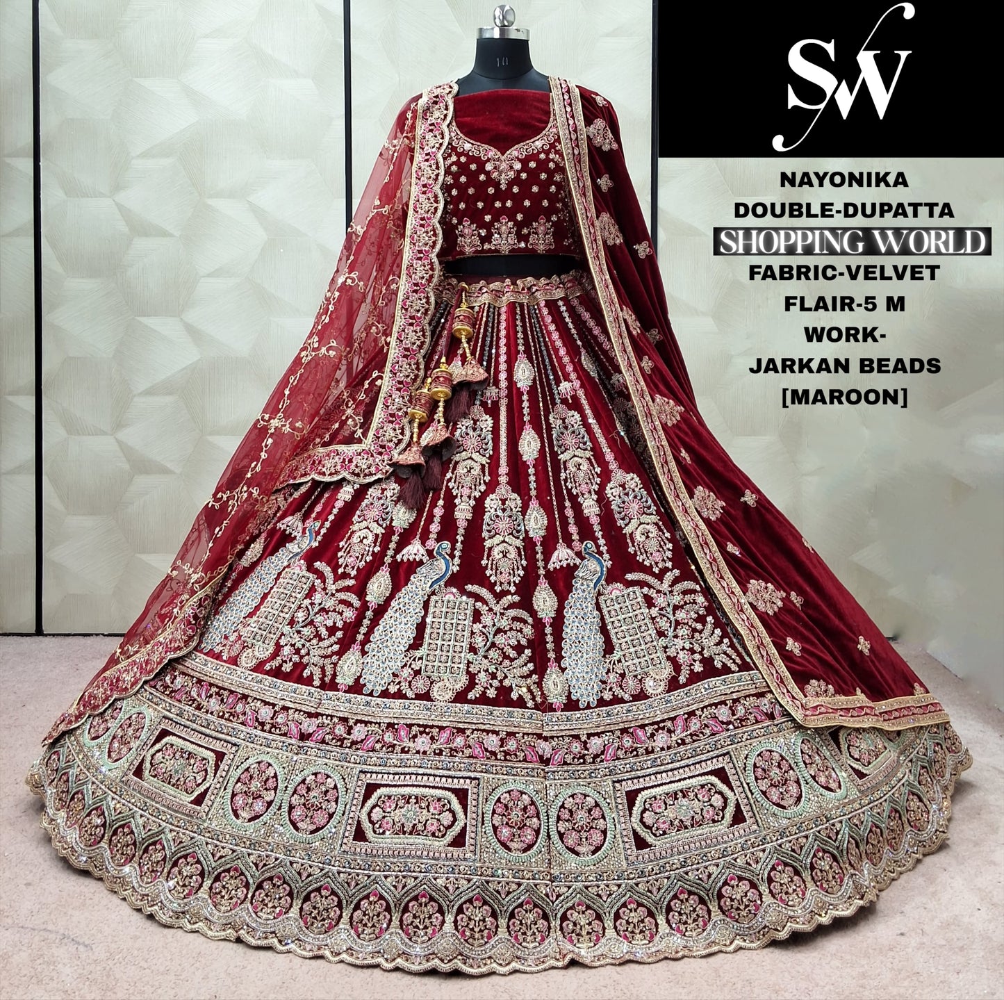 Stunning Rani pink peacock Double Dupatta Velvet bridal lehenga