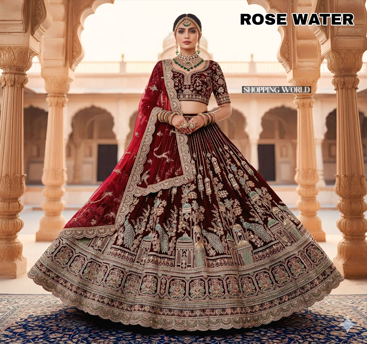 Gorgeous Rani pink peacock Double Dupatta Velvet bridal lehenga