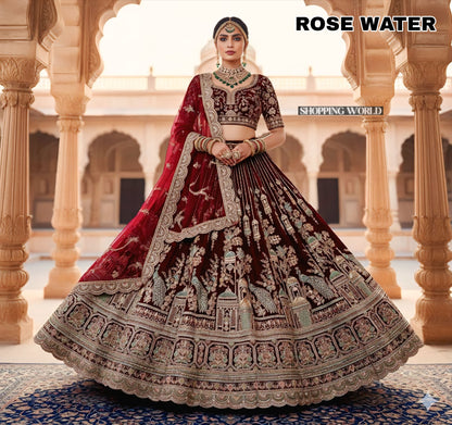 Gorgeous Rani pink peacock Double Dupatta Velvet bridal lehenga